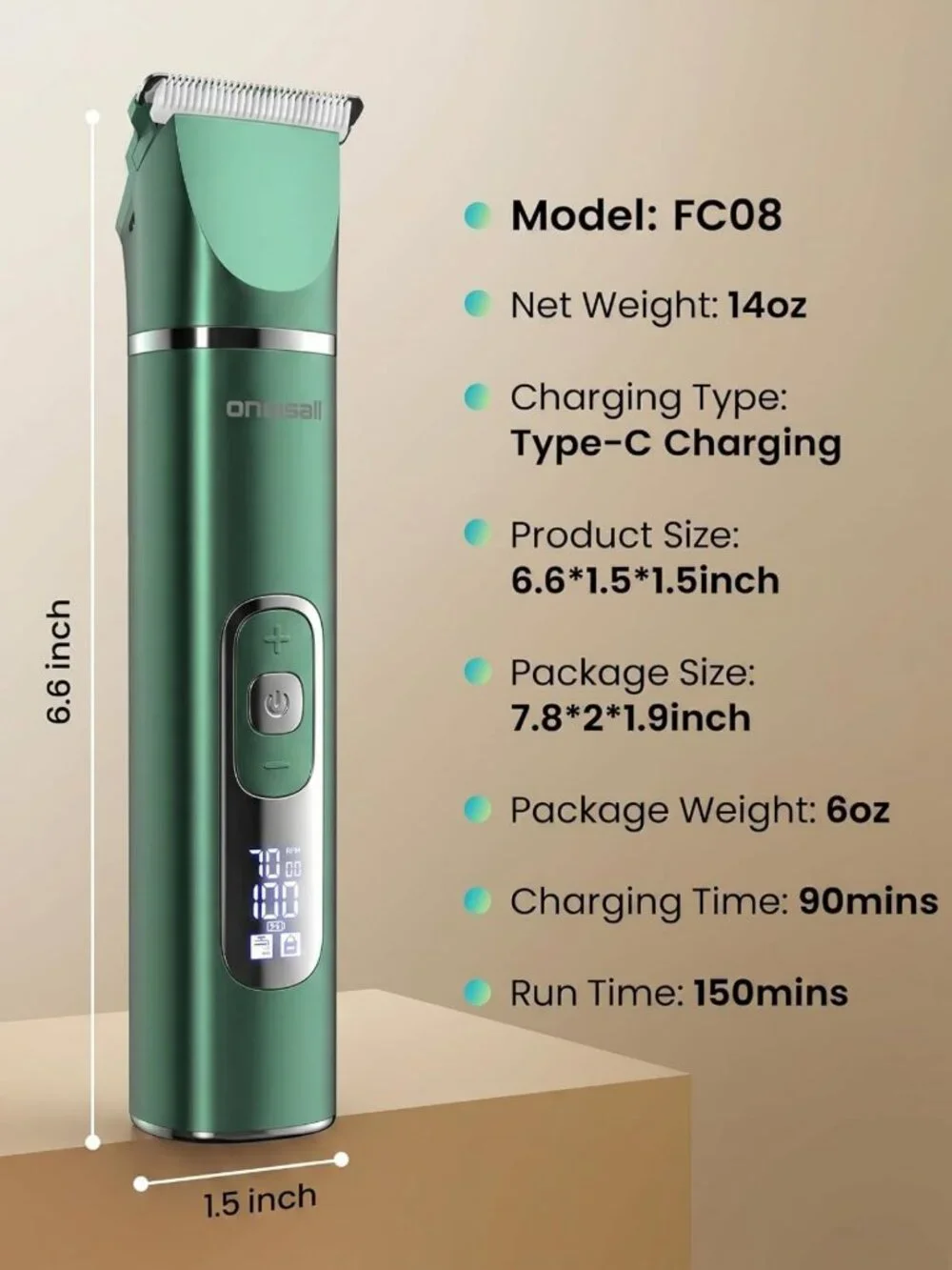 4-in-1 Dog Grooming Kit with LCD Display - Pet Clippers, Trimmer & Brush, Green